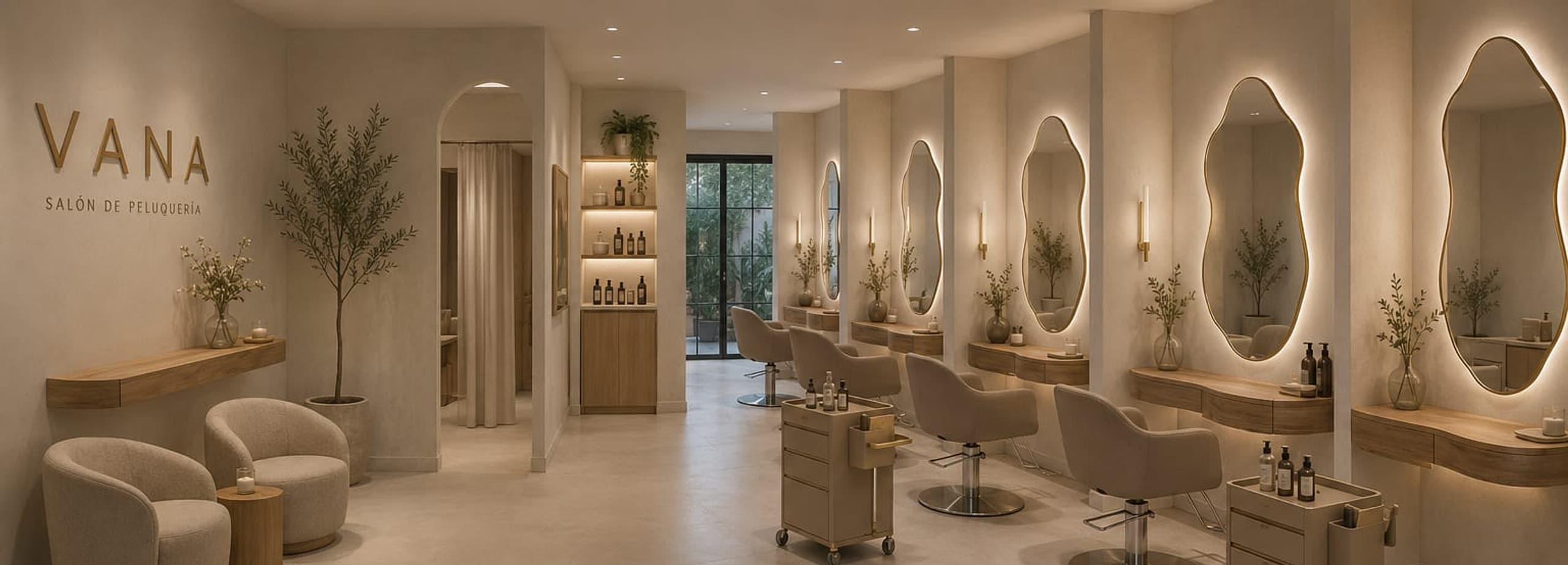 Interior del salón VANA con luz suave y madera natural cálida