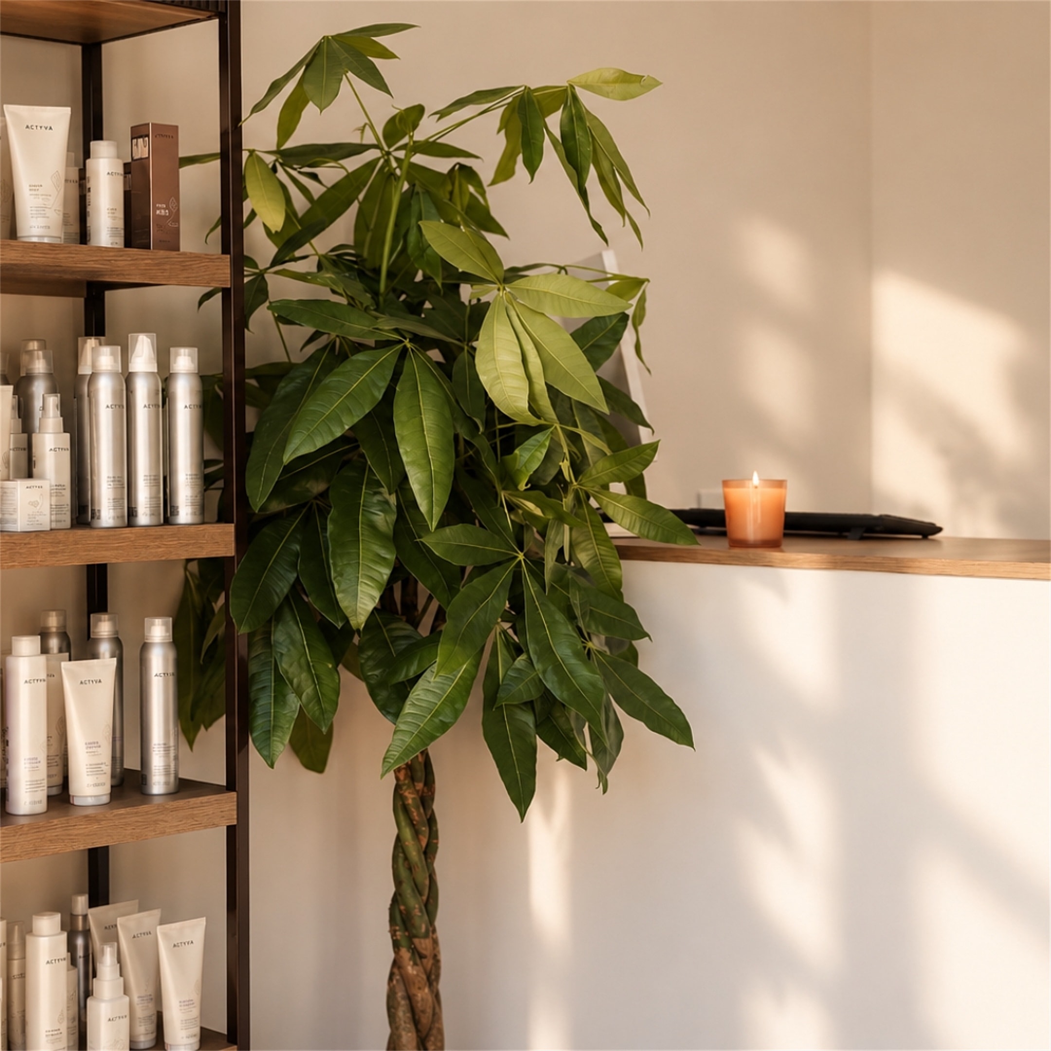 Estanterías con productos capilares Actyva junto a una planta verde alta y una vela encendida